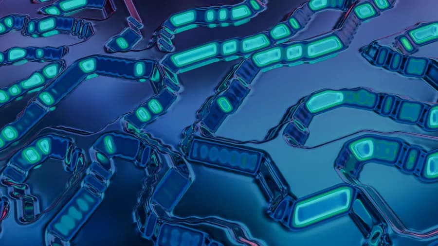 Abstract teal circuitry glowing on a dark blue background